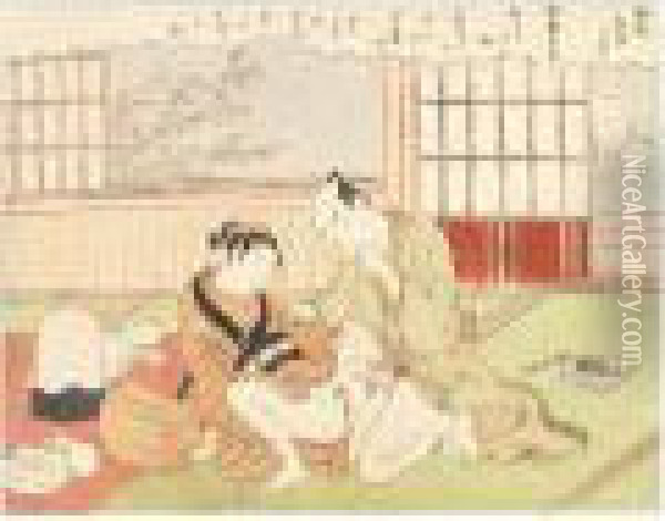 Wataboshi-shokunin Making Love With A Merchant Oil Painting - Suzuki Harunobu