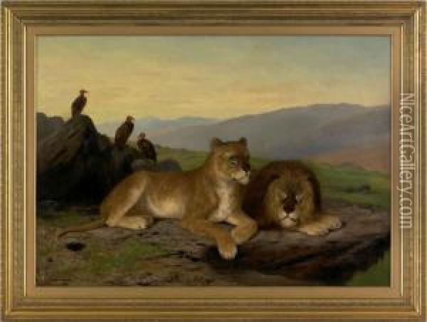 Landscape With A Lion And Lioness Oil Painting - Newbold Hough Trotter