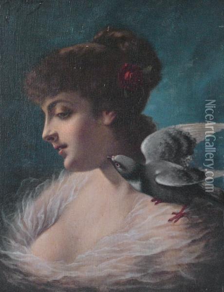 Portrait Of A Young Woman With A Bird On Her Shoulder Oil Painting - Agapit Stevens
