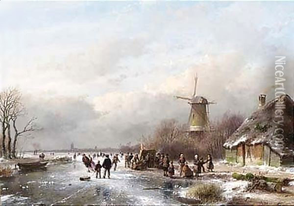 A Winter Landscape With Skaters Near A 'Koek En Zopie' Oil Painting - Andreas Schelfhout