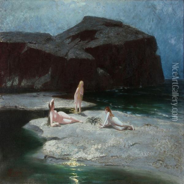 Moonlit Night With Three Girls Skinny Dipping Oil Painting - Hermann Hendrich