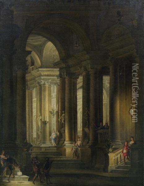 Figures In A Candlelit Church Interior Unframed Oil Painting - Vittorio Maria Bigari