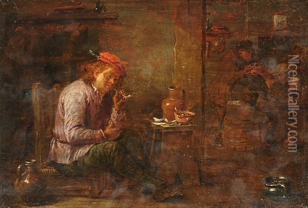 A Tavern Interior With A Young Man Seated Smoking A Pipe, Figures Playing Cards Beyond. Oil Painting - David The Younger Teniers