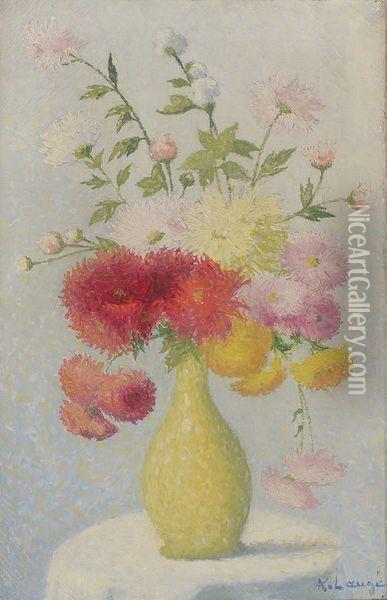 Bouquet De Fleurs Dans Un Vase Vert Oil Painting - Achille Lauge