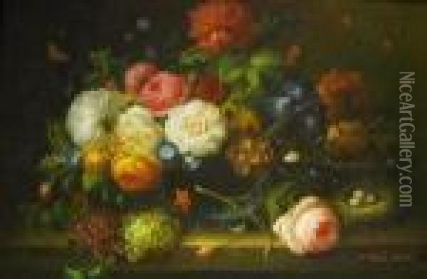Flowers In A Vase With Grapes And A Butterfly Oil Painting - Thomas Webster