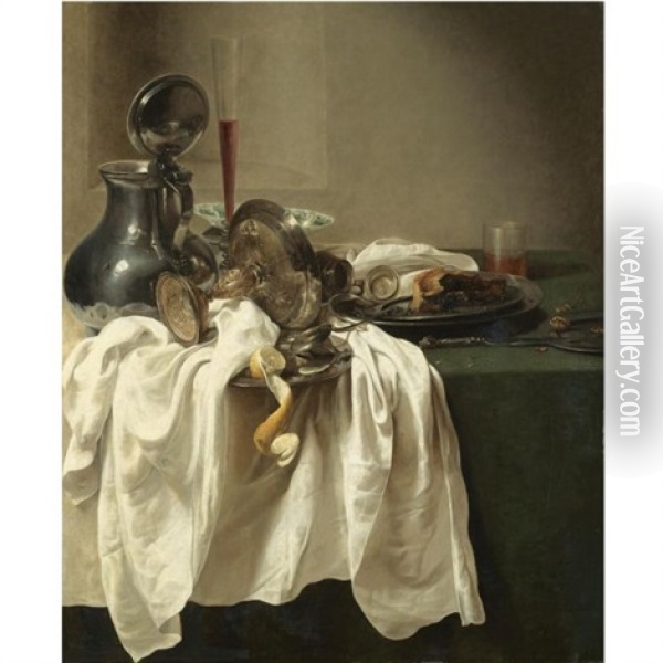 A Still Life With A Pewter Jug And An Overturned Tazza, A Porcelain Bowl, Wine Glass, A Partly-peeled Lemon On A Pewter Dish And Other Objects Arranged Upon A White Table-cloth, Set Before A Stone Nic Oil Painting - Jan Jansz Uyl the Elder