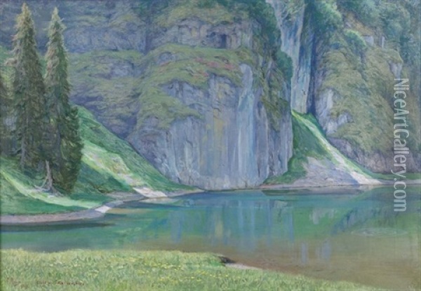 Abendliche Flusspartie Mit Felsigen Ufern Oil Painting - Frederic Rouge
