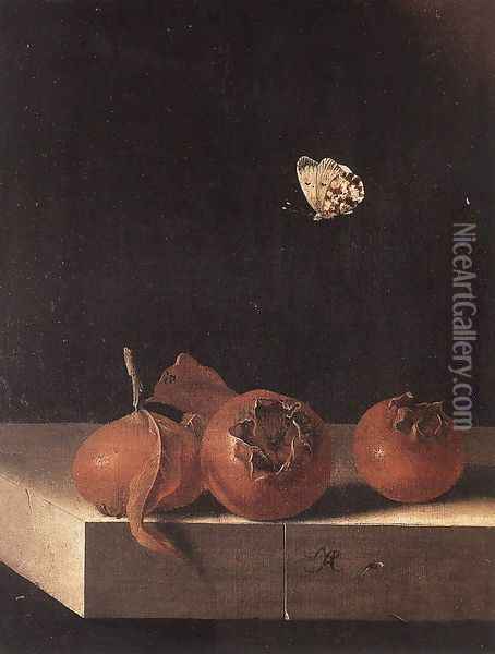 Three Medlars with a Butterfly c. 1705 Oil Painting - Adriaen Coorte