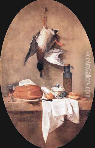 Wild Duck With Olive Jar Oil Painting - Jean-Baptiste-Simeon Chardin