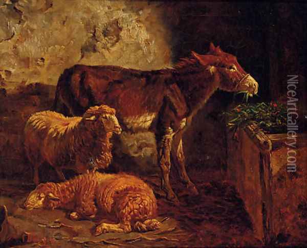 A donkey and sheep in a barn Oil Painting - Filippo Palizzi