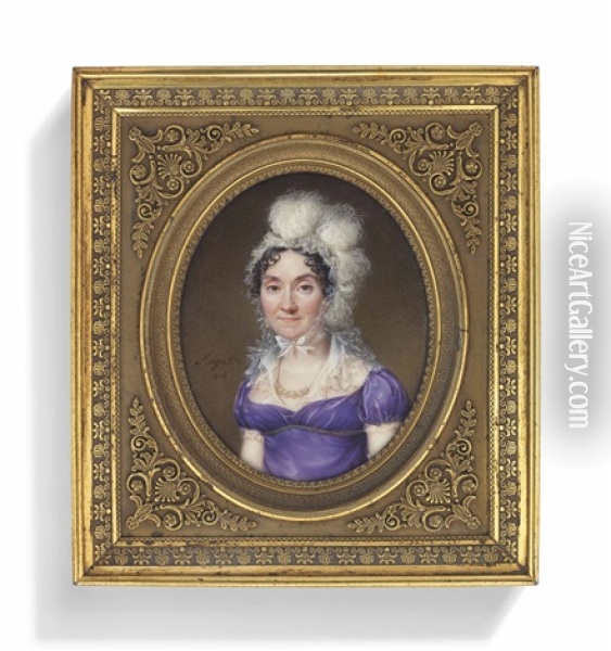 A Lady, In Mauve Dress With Gauze Collar And Trim, Wearing A Lace Bonnet Trimmed With Ostrich Plumes, Pearl Necklace Oil Painting - Jean Baptiste Jacques Augustin