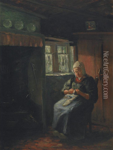 Interior Scene With Lady Sewing Oil Painting - Mary Ella Williams Dignam