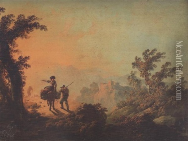 A View Of Sintra With Travellers On A Path In The Foreground Oil Painting - Jean Baptiste Pillement