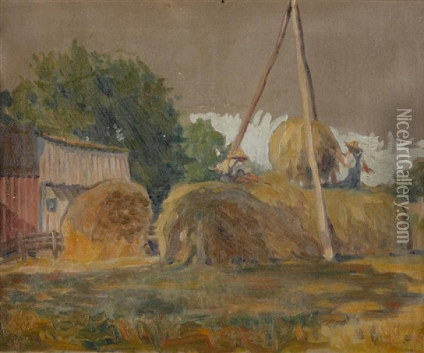 Haystacks And Red Barn Oil Painting - Grant Wood