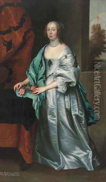 Portrait of Mary, Countess of Westmorland, full-length, in a grey satin dress and a blue wrap, with a sprig of blossom in her right hand Oil Painting - Sir Anthony Van Dyck