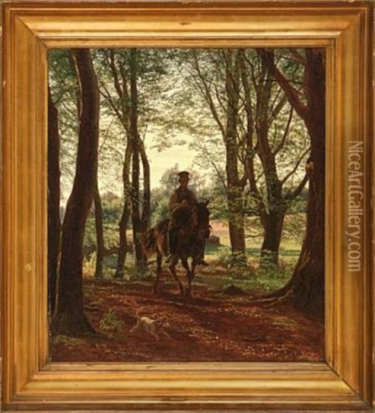 Man On Horseback In A Forest Oil Painting - Johan Didrik (John) Frisch