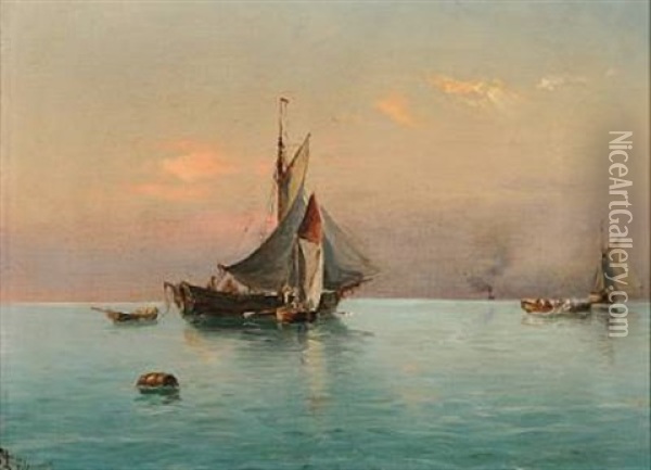 Quiet Summer Evening With Sailing Ships On Open Sea Oil Painting - Holger Luebbers