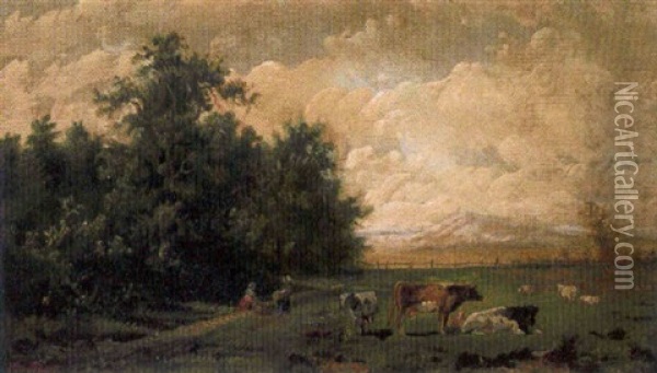 Pastoral Landscape With Cattle And Figures Oil Painting - William M. Hart