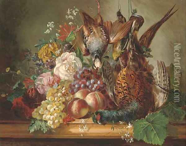 Game, fruit and flowers on a marble ledge Oil Painting - Francois-Joseph Huygens
