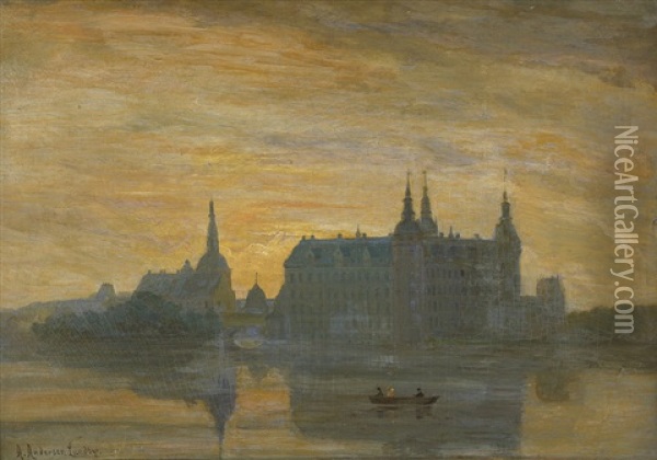 Ansicht Von Schlos Frederiksborg In Der Dammerung Oil Painting - Anders Andersen-Lundby