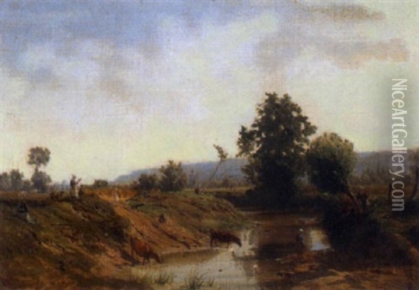 Sommerliche Landschaft Mit Vieh Und Bauerinnen Oil Painting - Karl Girardet