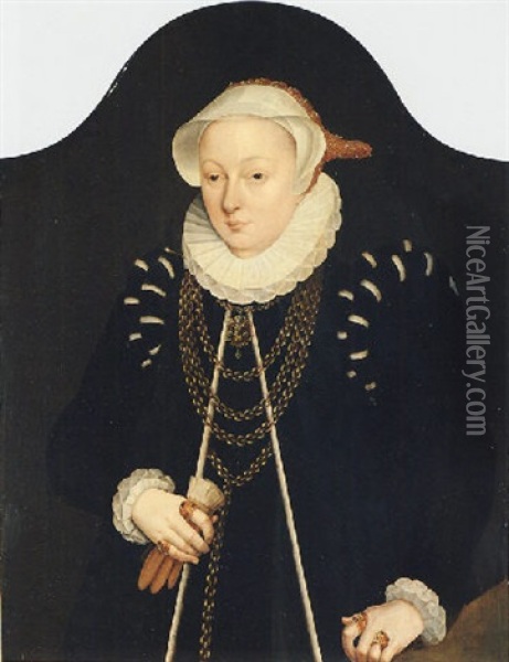 Portrait Of A Lady, Wearing Black, With A Gold Chain And A White Embroidered Head-dress Oil Painting - Bartholomaeus Bruyn the Elder