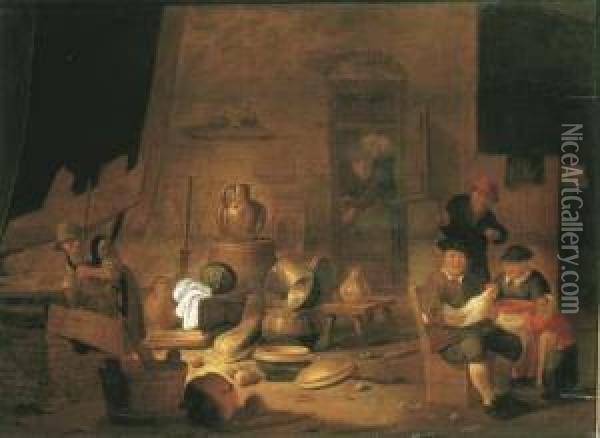A Barn Interior With A Peasant Family Oil Painting - Jan Spanjaert