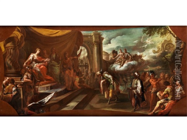 Aeneas Verbeugt Sich Vor Der Konigin Dido Im Tempel Der Juno Von Karthago Oil Painting - Corrado Giaquinto