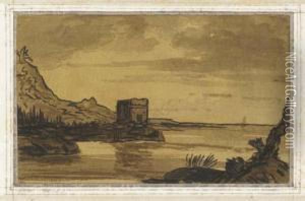 A Coastal Landscape With A Ruined Tower Oil Painting - Alexander Cozens