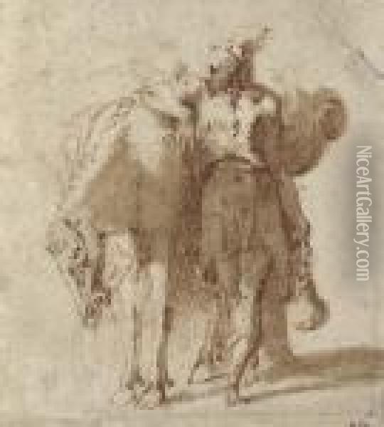 A Man Leaning Against A Laden Horse Oil Painting - Girolamo Francesco Maria Mazzola (Parmigianino)