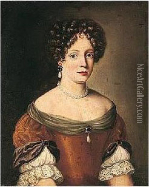Portrait Of A Lady, Half-length, Wearing An Ochre, Lace-trimmed Dress Oil Painting - Jacob Ferdinand Voet