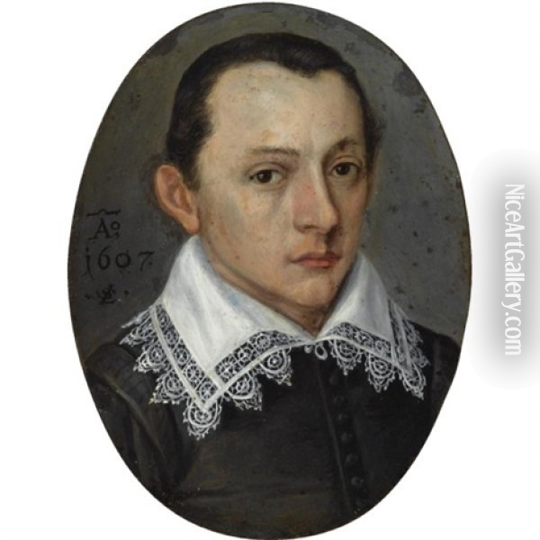 Portrait Of A Young Man, In A Black Robe With A White Lace Collar Oil Painting - Lorenz Strauch