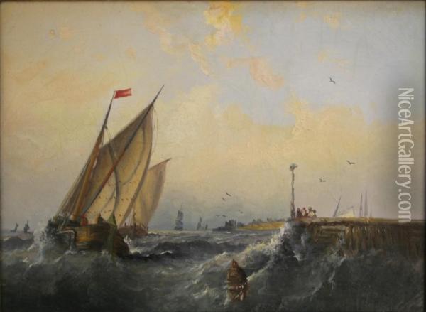 Fishing Boats In Choppy Water Off A Jetty Oil Painting - John H. Wilson