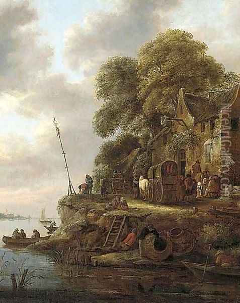 A river landscape with wagons and figures near an inn Oil Painting - Claes Molenaar (see Molenaer)