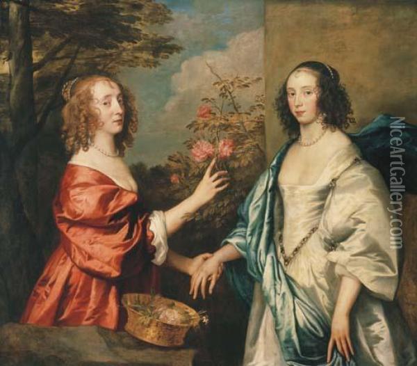 Double Portrait Of The Countess 
Of Manchester And Her Daughter,lady Rich, Both Three-quarter Length, In A
 Landscape Oil Painting - Sir Anthony Van Dyck