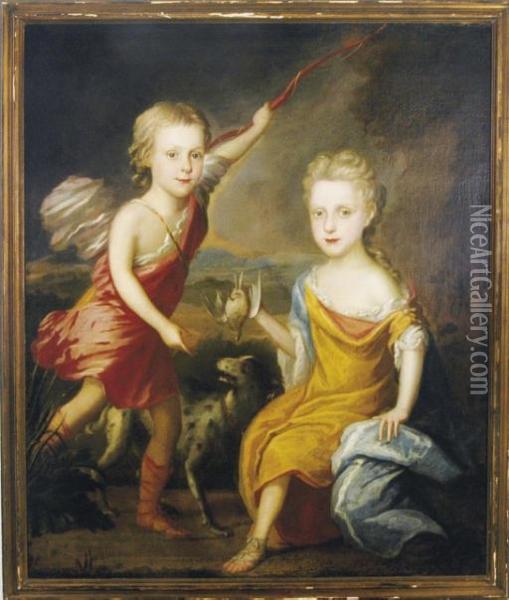 Children In Classical Dress, Hunting Birds Oil Painting - Sir Godfrey Kneller
