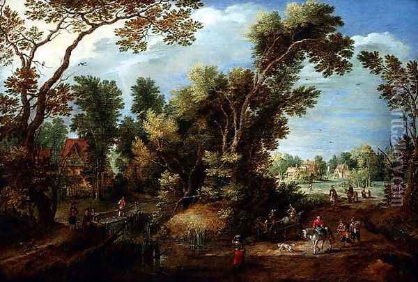 Wooded River Landscape with Figures Oil Painting - Maerten Ryckaert