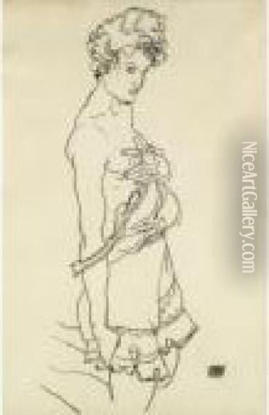 Property From A Distinguished Private Collection
 

 
 
 

 
 Stehender Halbakt (standing Semi-nude) Oil Painting - Egon Schiele