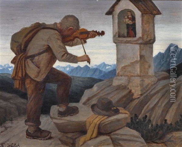 Geigender Wanderer Am Bildstock Oil Painting - Thomas Walch