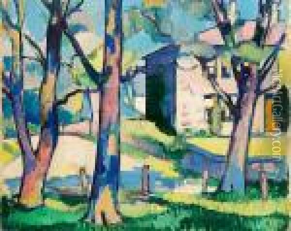 House And Trees, Dumfriesshire Oil Painting - Samuel John Peploe