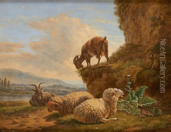 Boucs Et Moutons Sur Fond De Paysage Avec Riviere Oil Painting - Balthasar Paul Ommeganck