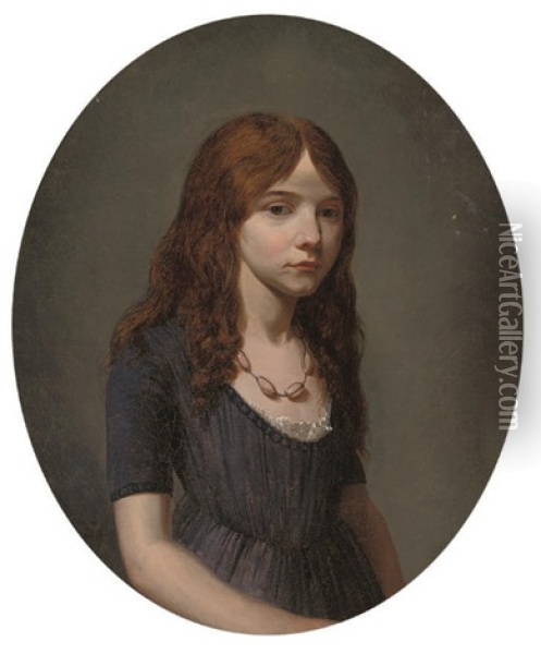 Portrait Of A Girl In A Blue Dress, Wearing A Rose Quartz Necklace Oil Painting - Francois Duval
