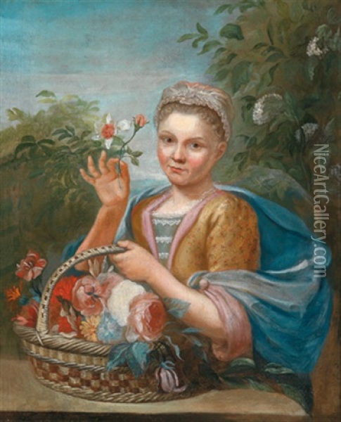 Eine Junge Landlich Gekleidete Dame Mit Einem Blumenkorb Oil Painting - Georg Karl Urlaub