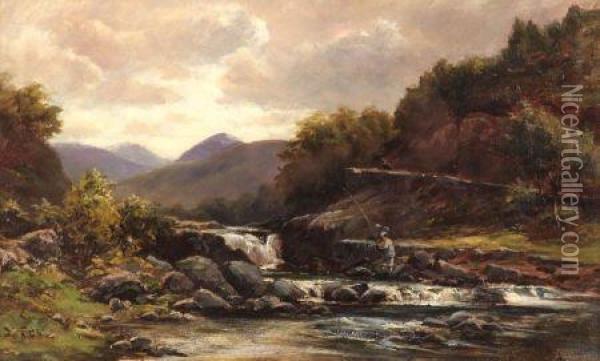 Signed , Oil, Highland River Landscape With Angler Fishing In A Stream, 9 Oil Painting - Douglas Adams