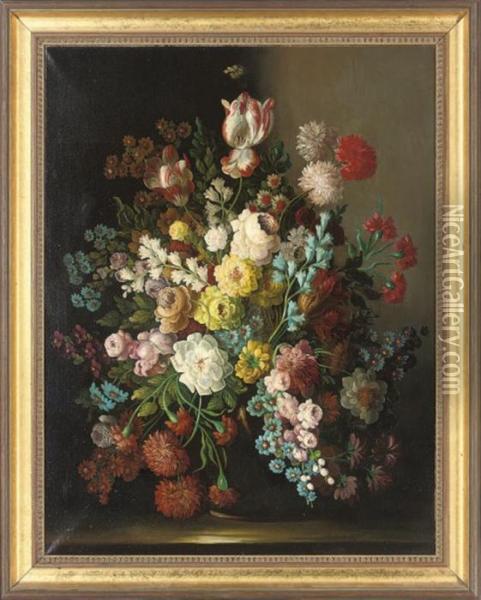 Roses, Tulips, Bluebells, Daisies And Other Summer Blooms In A Vase, On A Stone Ledge Oil Painting - Jan Davidsz De Heem