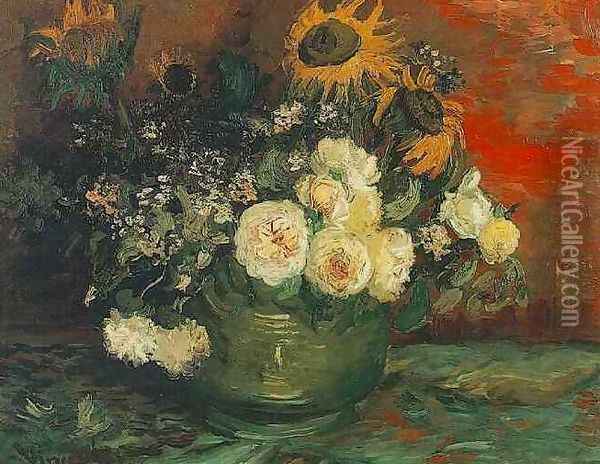 Bowl With Sunflowers Roses And Other Flowers Oil Painting - Vincent Van Gogh