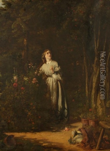 A Study Of A Young Woman In A Garden Oil Painting - Henry William Pickersgill