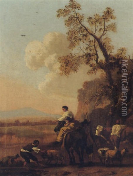 A Southern Landscape With Herders And Animals Oil Painting - Abraham Jansz. Begeyn