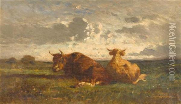 Two Cows At Pasture Oil Painting - Felix Saturnin Brissot de Warville