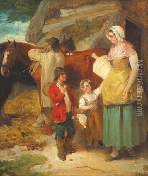 A Dairy Maid With Farmer, His Horse And Twochildren Oil Painting - Francis Wheatley